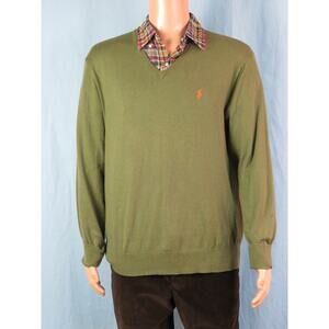 NWT RALPH LAUREN GREEN COTTON CASHMERE LONG SLEEVE V NECK PULLOVER L
